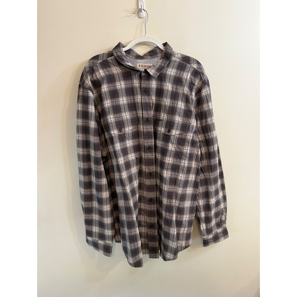 Filson Twin Lakes Sport Shirt XXXL Gray Brown Plaid LS Vented Hiking Camping